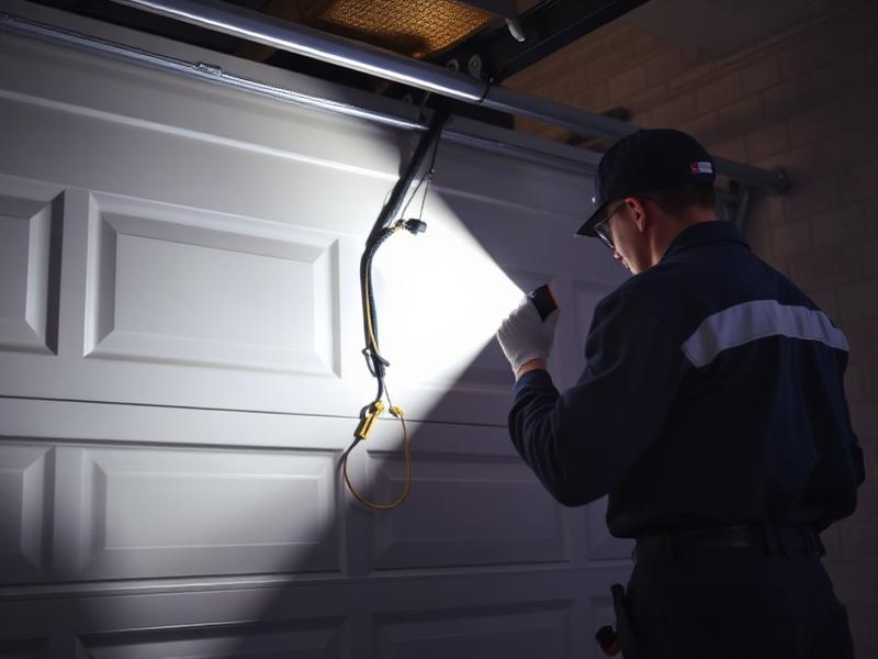 Emergency garage door repair technician working at night
