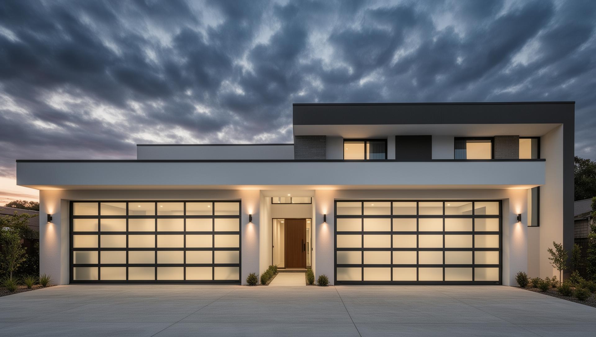 Modern contemporary home with aluminum glass panel garage doors at dusk